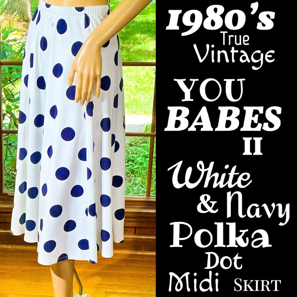 ▪️VTG▪️YOU BABES II▪️1980's Retro White & Navy Polka Dot Jersey Knit Swing Skirt